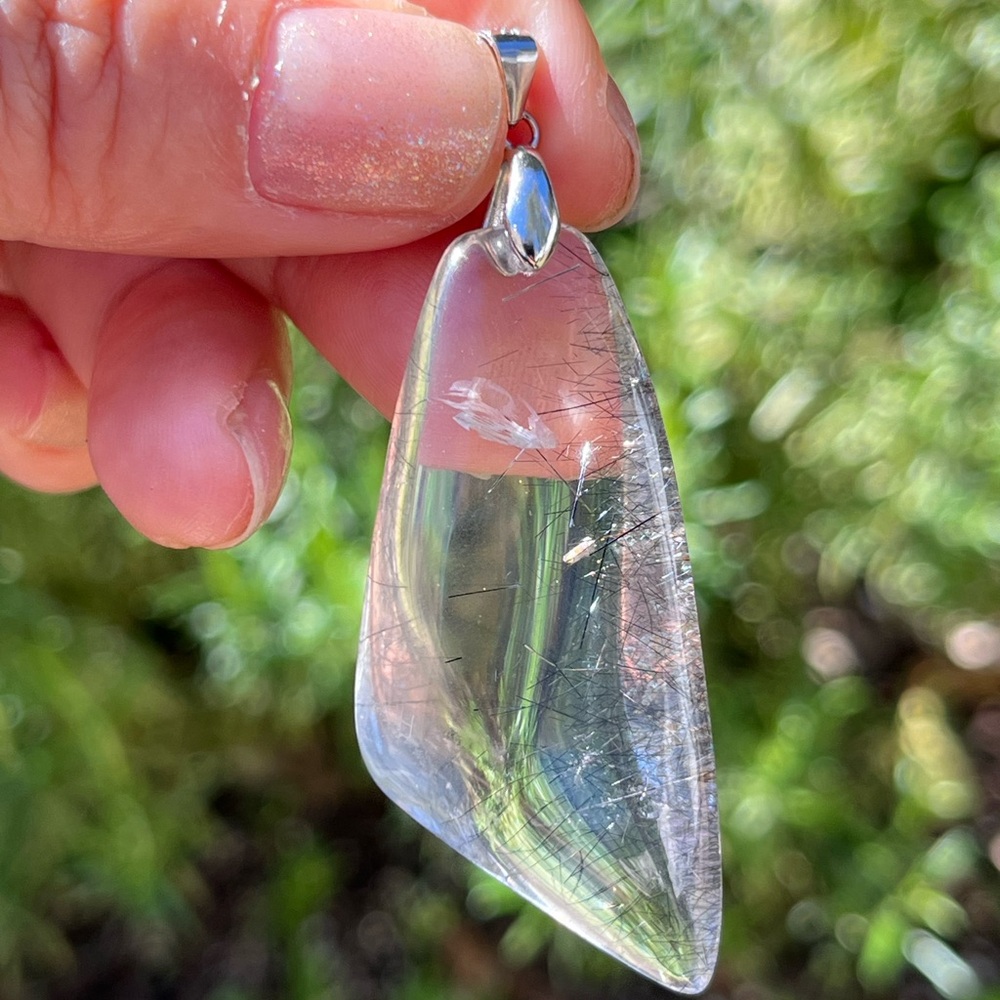 Sterling silver 925 stamped black rutile clear‎ Quartz free form pendant 0706